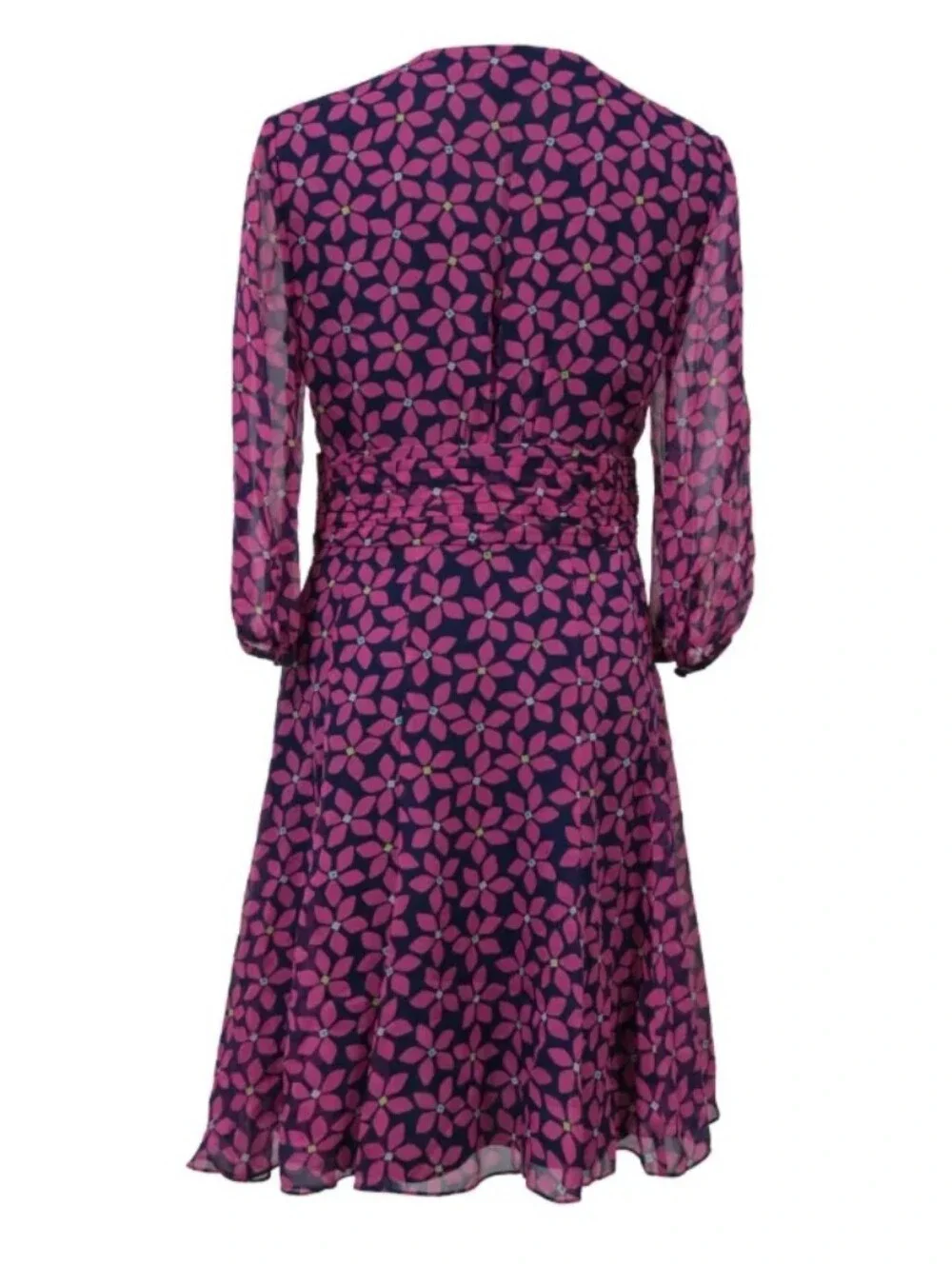 Diane Von Furstenberg Navy Silk Pink Floral Wrap V-Neck Half Sleeve Dress 6